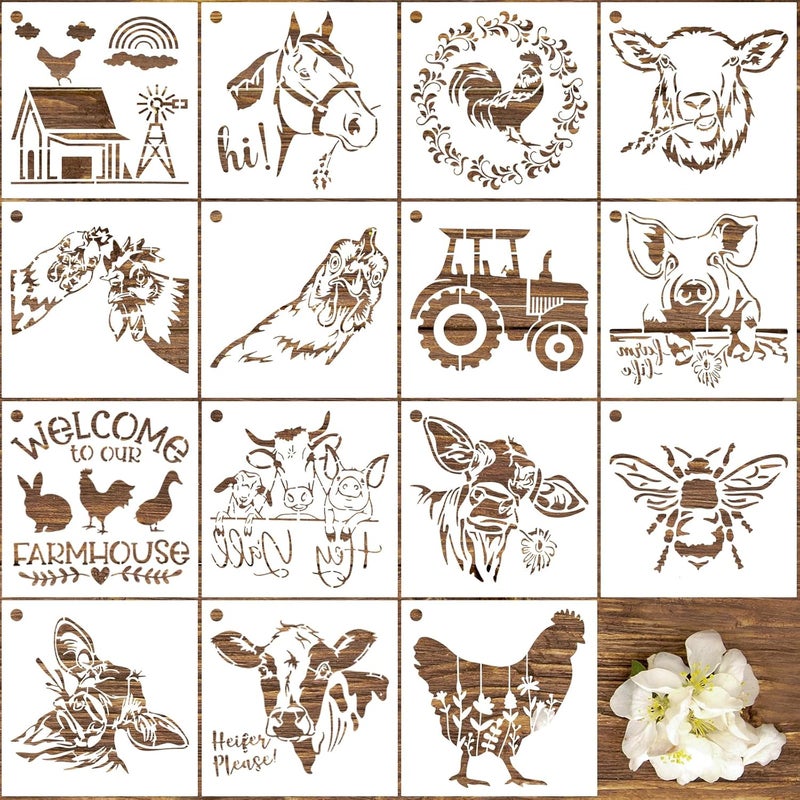 Resflyar 15 PCS 8 Inch Farmhouse Animals Stencils, Farm Reusable Plastic Templates for Painting on Wood Burning, Farm Animal Cow Pig Horse Stencils for Farmhouse Barn Furniture Wall Fabric DIY Crafts Decor - Image 1